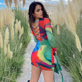 Tie Dye Crew Neck Long Sleeve Cut Out Bodycon Mini Dress - Multicolor